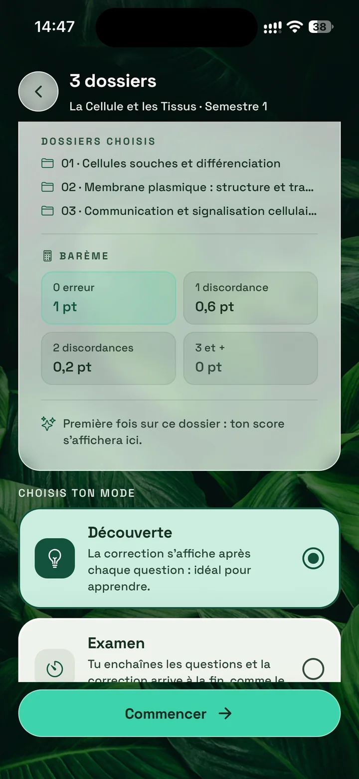 Écran de lancement de trois dossiers de QCM, avec le barème de la faculté
