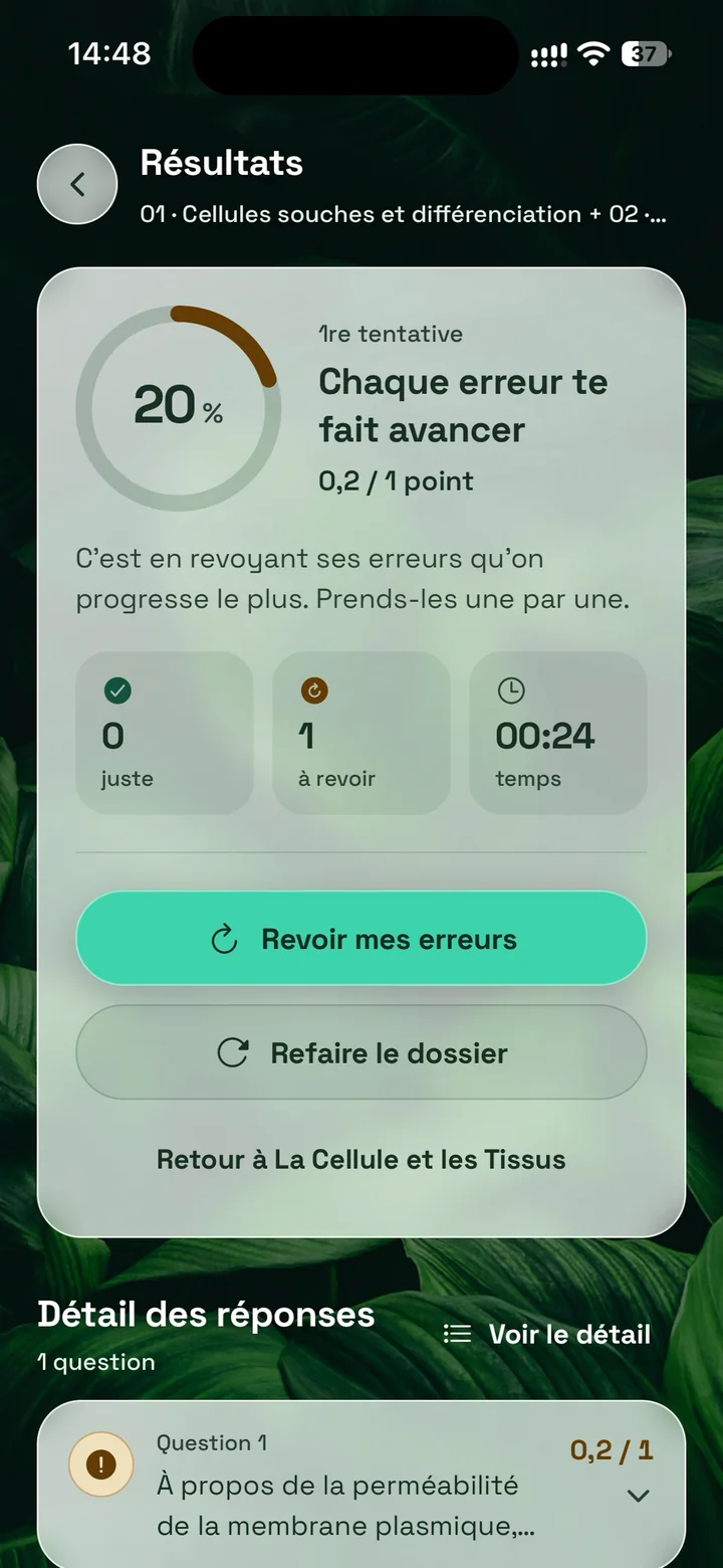 Résultats d’un dossier avec le bouton Revoir mes erreurs